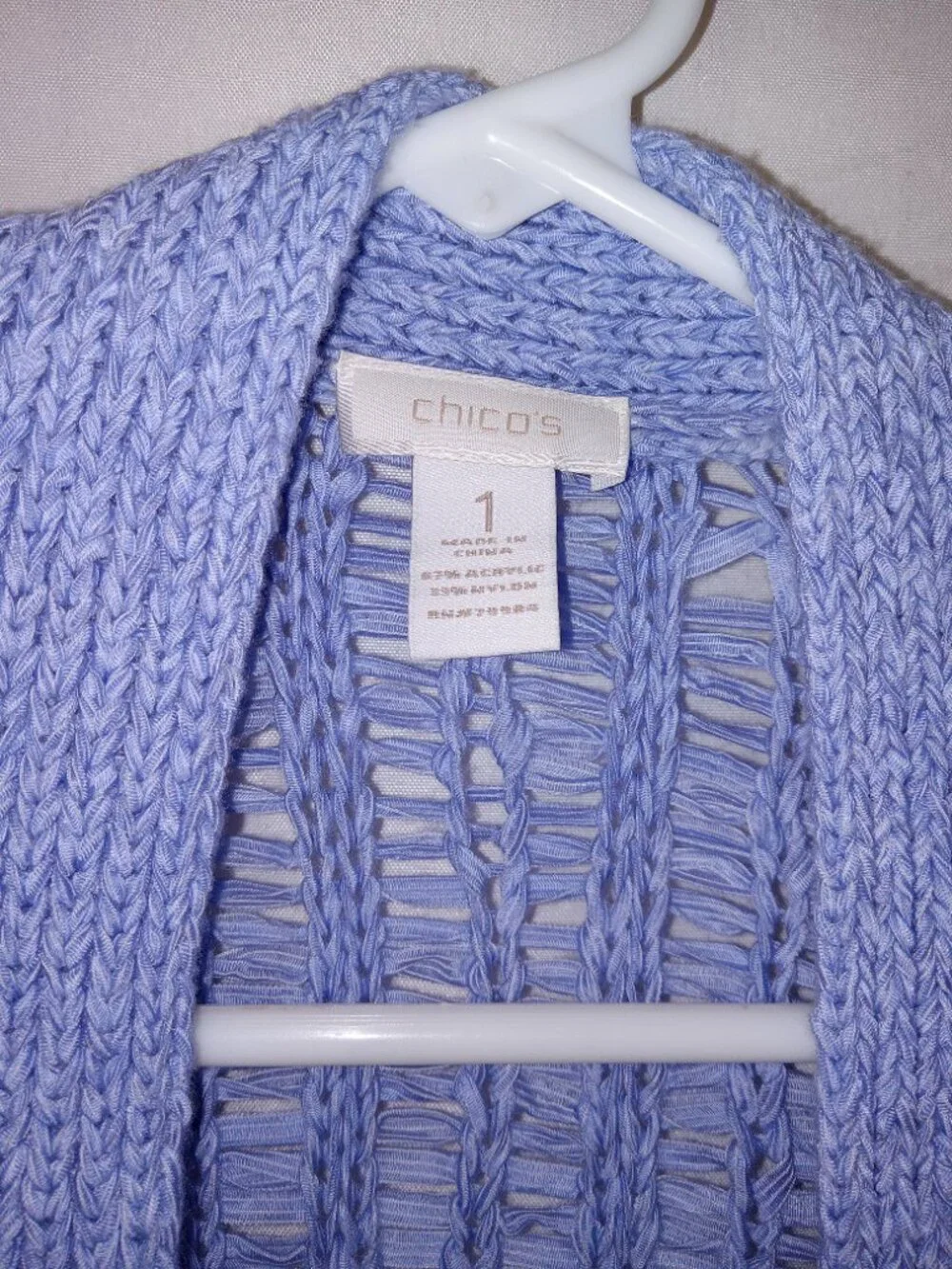 Chico’s Blue Open Knit Weave Cardigan Size 1 Lightweight Textured M Coastal